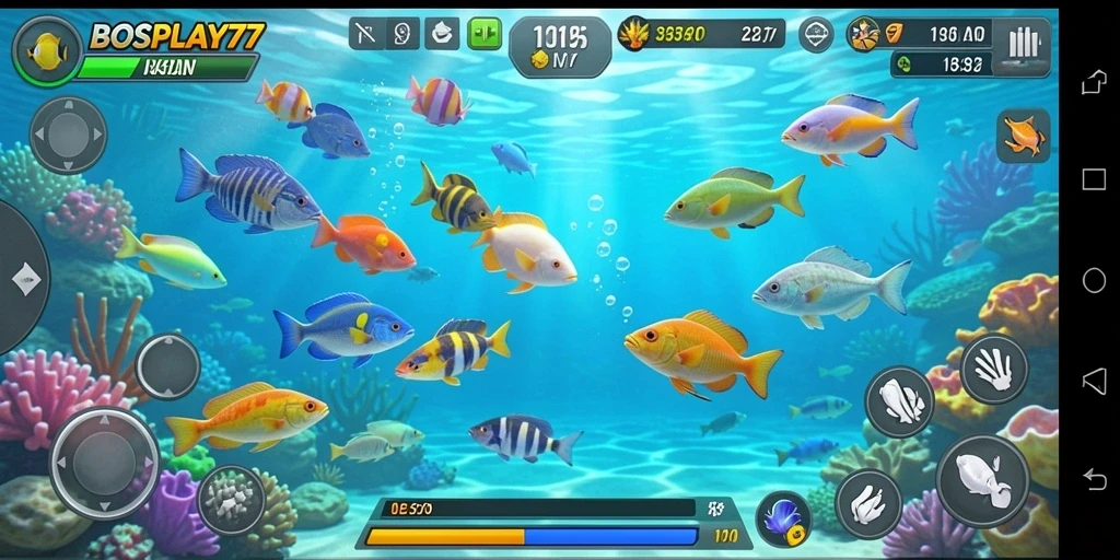 Screenshot gameplay seru BOSPLAY77 dengan aksi menembak ikan.