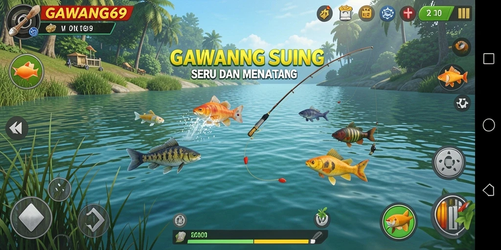 Tampilan gameplay menarik dalam GAWANG69 dengan berbagai lokasi memancing.