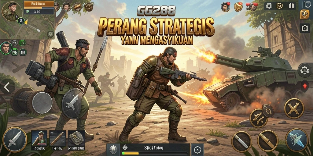 Screenshot utama menampilkan aksi pertempuran mendebarkan dalam gameplay SLG.
