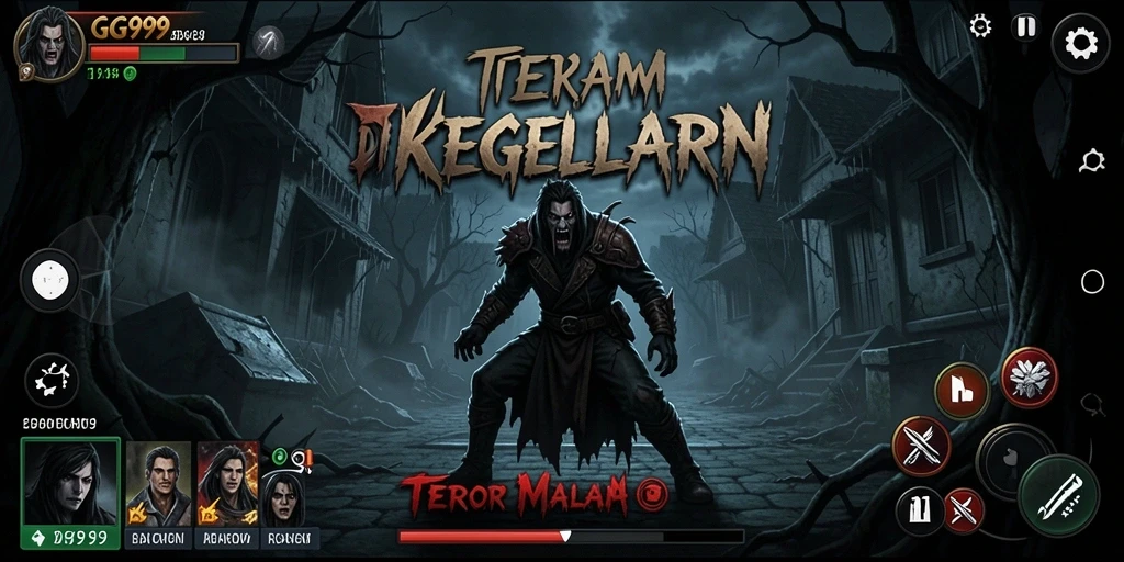 Screenshot gameplay GG999 yang menampilkan suasana horor mencekam.