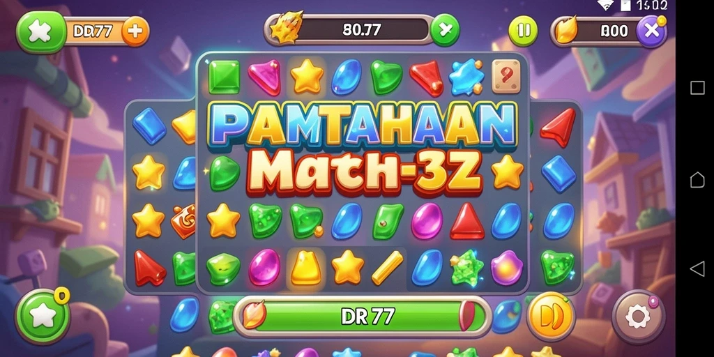 Screenshot IDR77 menampilkan aksi seru permainan Match-3 yang penuh warna.