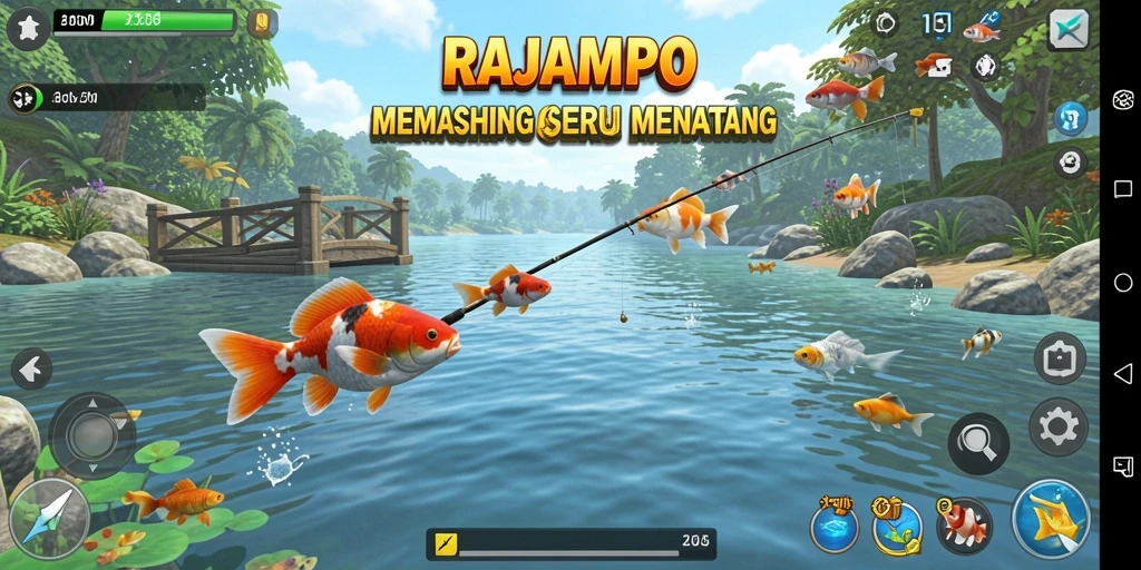 Gameplay RAJAMPO yang menarik dalam lingkungan memancing yang memukau.